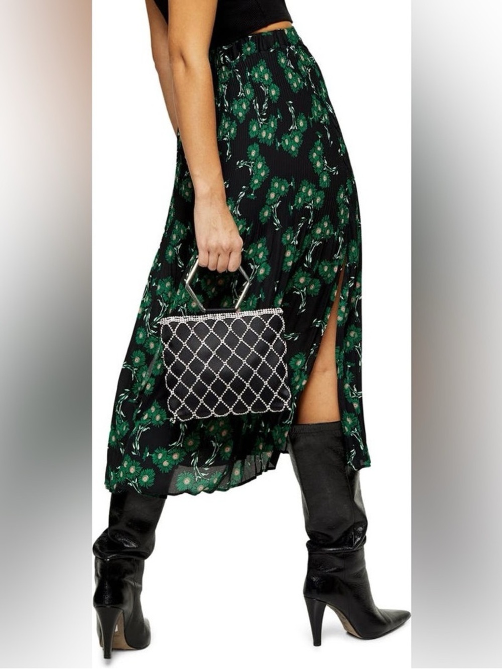 Topshop Black Crystal Floral Pleated Midi Skirt with tie belt - Picture 4 of 11